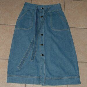 Denim Sz Medium Casual Wear Belted Button Up Blue Jean A-Line Midi Skirt Pockets